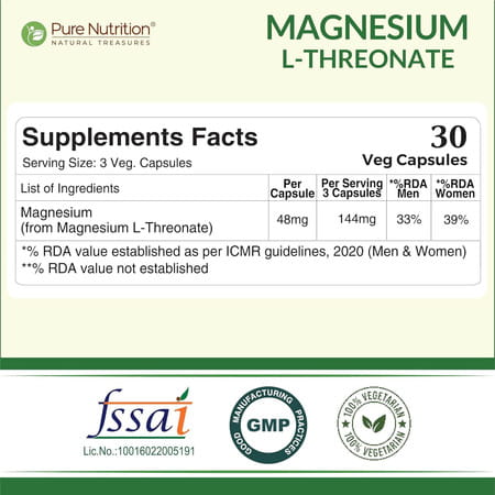 Pure Nutrition Magnesium L-threonate 48mg - 30 Veg Capsules