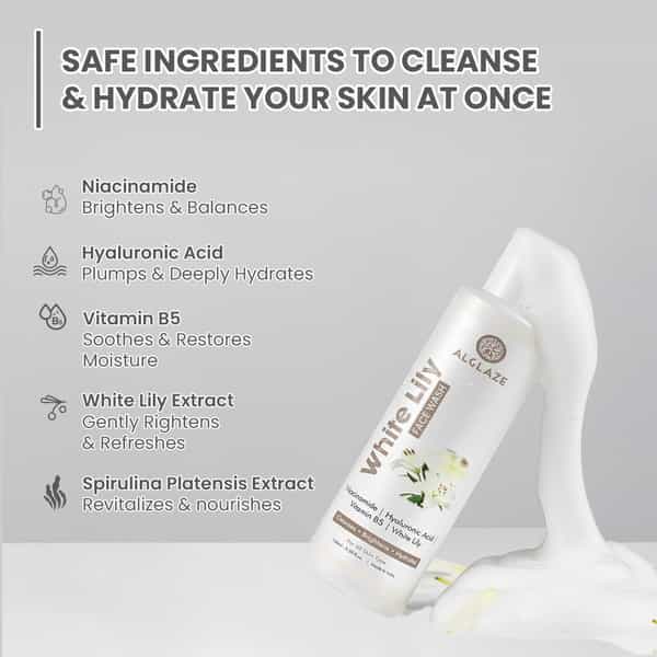 Alglaze White Lily Face Wash | Niacinamide| Hyaluronic Acid & Vitamin B5 | All Skin Types | 100Ml