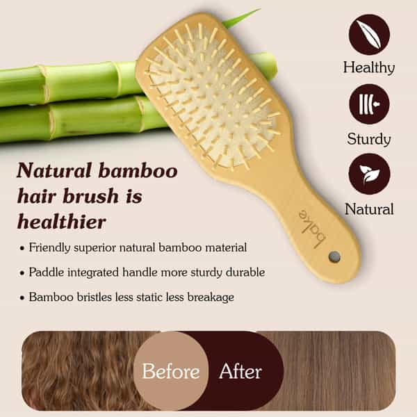 Bake Bamboo Wooden Paddle Hair Brush With Natural Bristles For Smooth & Healthy Hair