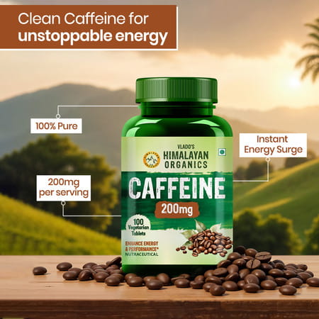 Vlado'S Himalayan Organics Caffeine 200mg | Enhance Energy Metabolism | 100 Veg Tablets
