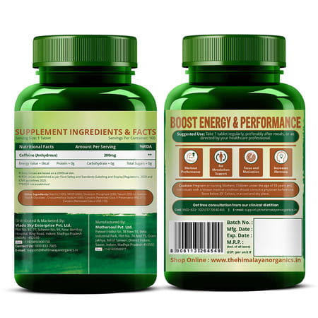 Vlado'S Himalayan Organics Caffeine 200mg | Enhance Energy Metabolism | 100 Veg Tablets