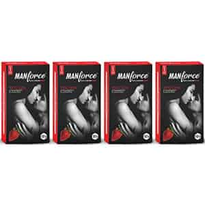 Manforce Condoms 3 In 1 Ribbed Contour Dotted Strawberry Flavoured Condoms - 10 Pcs X Pack Of 4