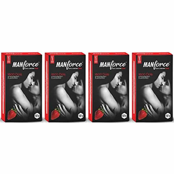 Manforce Condoms 3 In 1 Ribbed Contour Dotted Strawberry Flavoured Condoms - 10 Pcs X Pack Of 4
