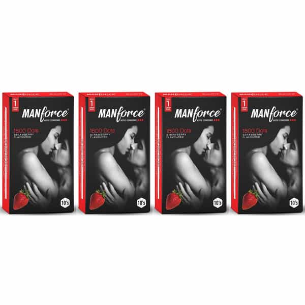 Manforce Condoms 3 In 1 Ribbed Contour Dotted Strawberry Flavoured Condoms - 10 Pcs X Pack Of 4