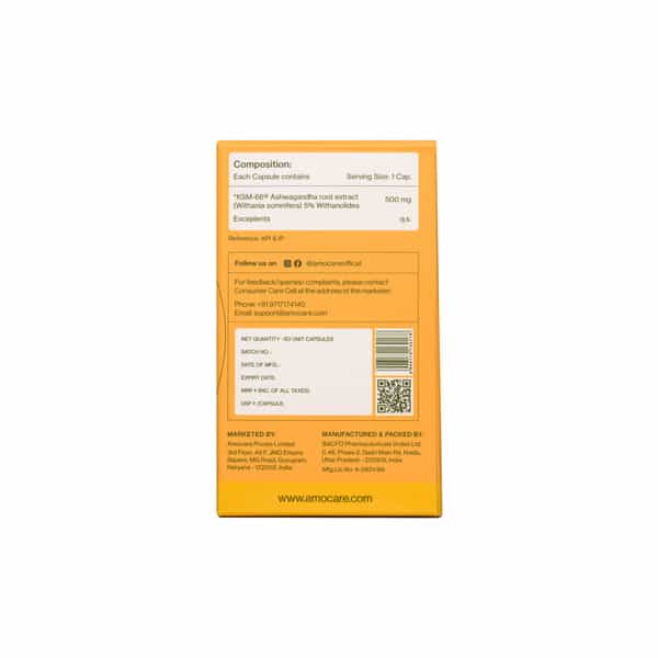 Amocare Ashwagandha Ksm66 Capsules With 100% Root Extract And >5% Withanolids - 60N