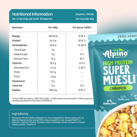 Alpino High Protein Super Muesli Cinnamon Pouch 750 Gm