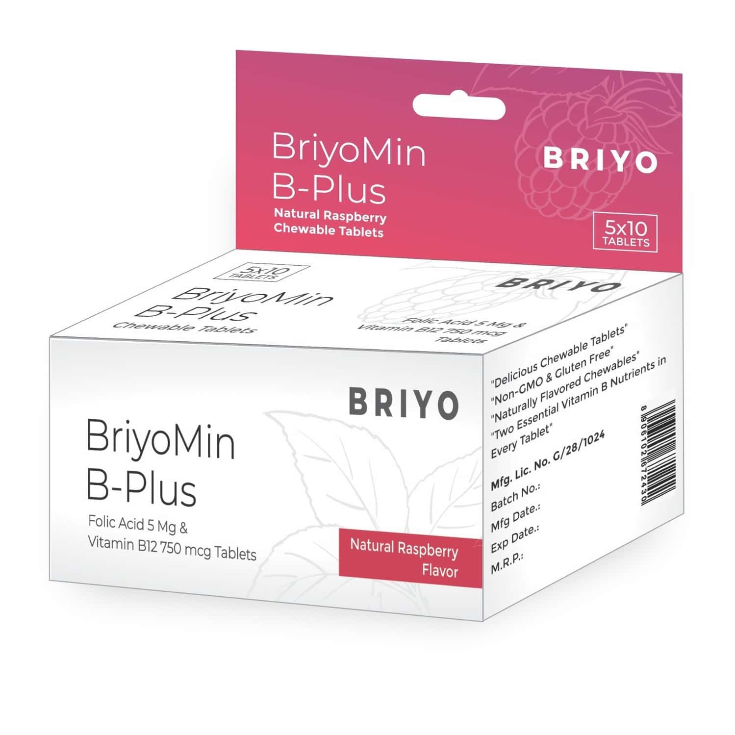 Briyomin B Plus Raspberry Flavored Chewable Tablets - 5 Mg Folic Acid & 750 Mcg Vitamin B12 - 5x10n