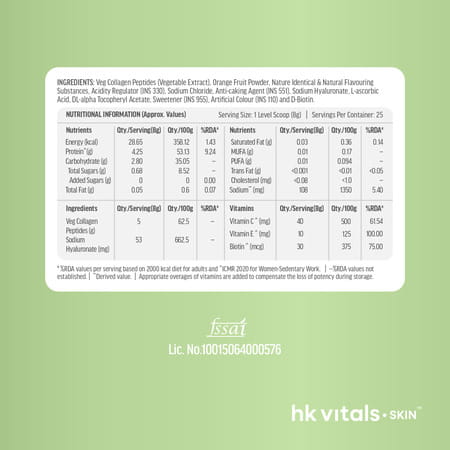 Hk Vitals Veg Collagen Supplement (Orange | 200g) | With Biotin | Vitamin C & E | Sodium Hyaluronate