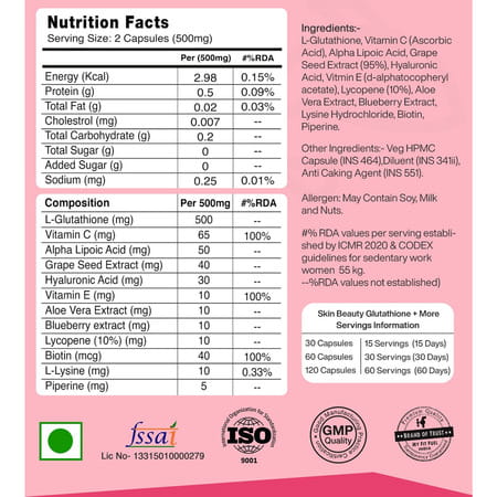 Myfitfuel Skin Beauty Glutathione (120 Capsules) +Lycopene, Vitamin C & E, Hyaluronic, Biotin &More