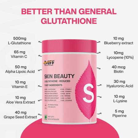 Myfitfuel Skin Beauty Glutathione (120 Capsules) +Lycopene, Vitamin C & E, Hyaluronic, Biotin &More