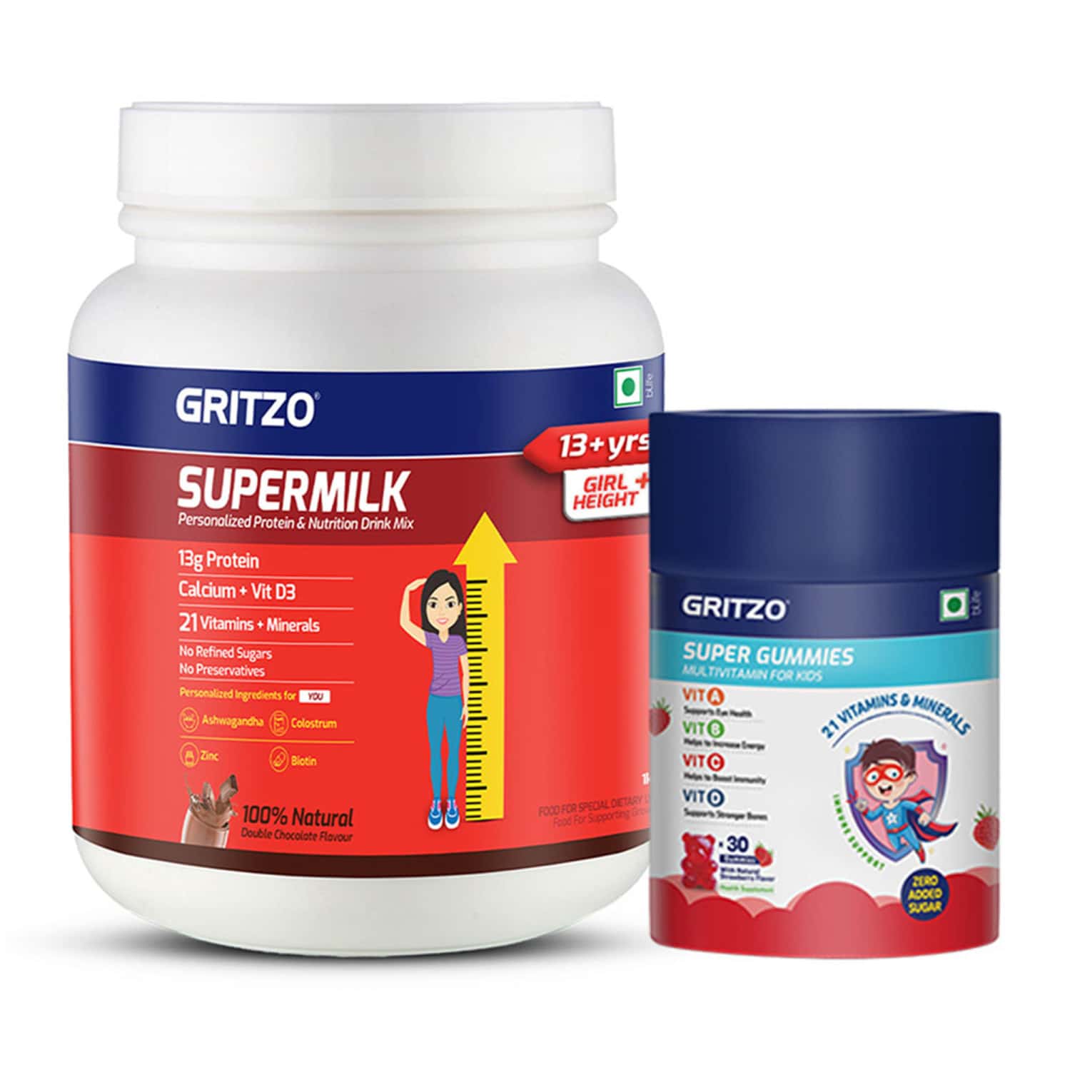 Gritzo Supermilk Height+ 13+y Girls With Super Gummies (double Chocolate - 1kg & Strawberry - 30n)