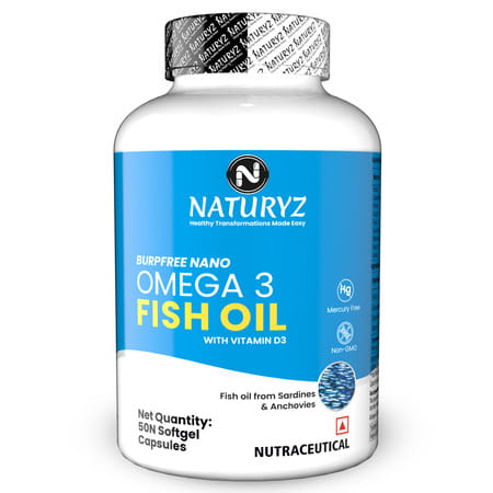 Naturyz Burpfree Omega 3 Fish Oil 2000 Mg With Vitamin D3 For Skin, Eyes,Heart & Brain (50 Softgels)