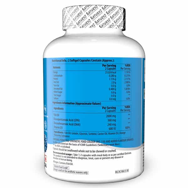 Naturyz Burpfree Omega 3 Fish Oil 2000 Mg With Vitamin D3 For Skin, Eyes,Heart & Brain (50 Softgels)