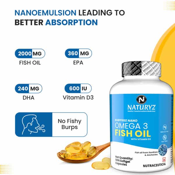 Naturyz Burpfree Omega 3 Fish Oil 2000 Mg With Vitamin D3 For Skin, Eyes,Heart & Brain (50 Softgels)