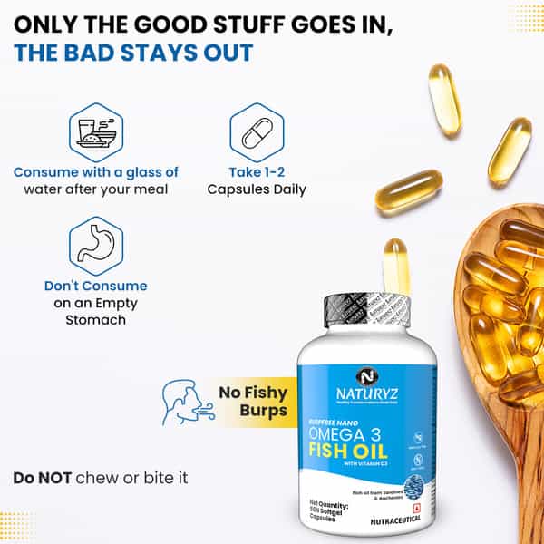 Naturyz Burpfree Omega 3 Fish Oil 2000 Mg With Vitamin D3 For Skin, Eyes,Heart & Brain (50 Softgels)