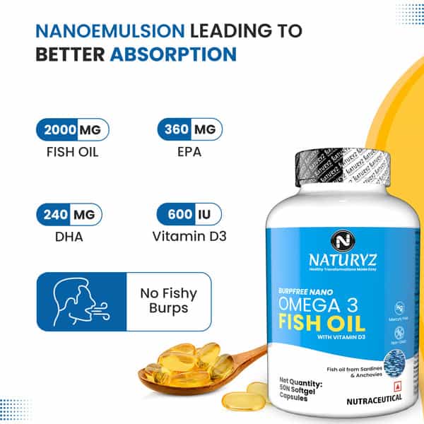 Naturyz Burpfree Omega 3 Fish Oil 2000 Mg With Vitamin D3 For Skin, Eyes,Heart & Brain (50 Softgels)
