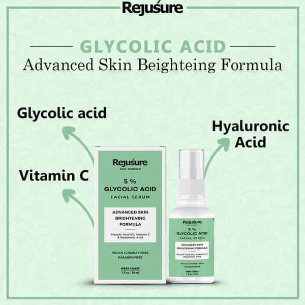 Rejusure 5% Glycolic Acid Facial Serum Reduces Pigmentation Dark Spots & Acne - 30 Ml