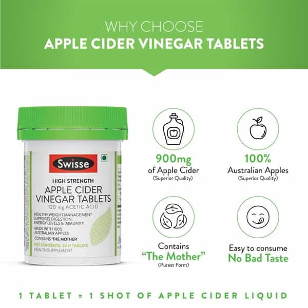 Swisse High Strength Apple Cider Vinegar Tablets Supports Digestion Immunity - 30 Tabs