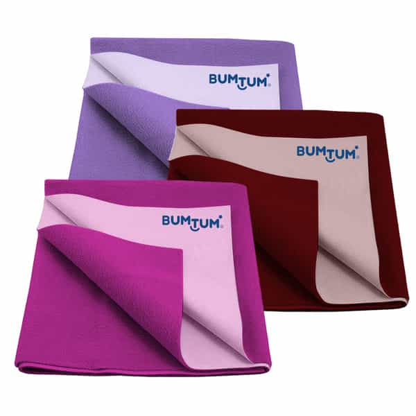 Bumtum Dry Sheet Leakproof Baby Bed Protector (Lilac+Maroon+Grape Large Size 100*140Cm|Pack Of 3)