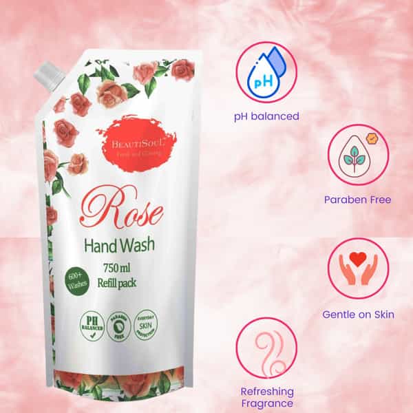 Beautisoul Rose Liquid Handwash Refill With Pure Rose & Glycerin|Ph Balanced (Pack Of 2 | 750Ml)