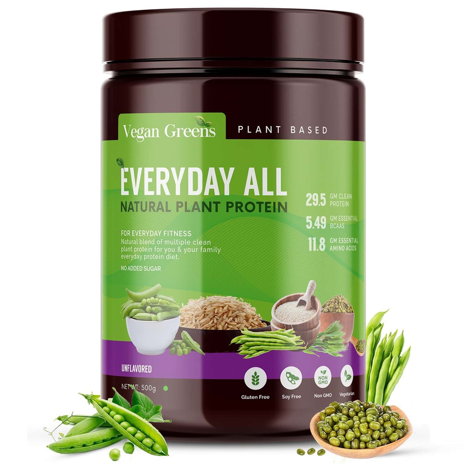 Vegan Greens Everyday All Natural Plant Protein. Clean Protein For Everyday Fitness 500g, Unflavored