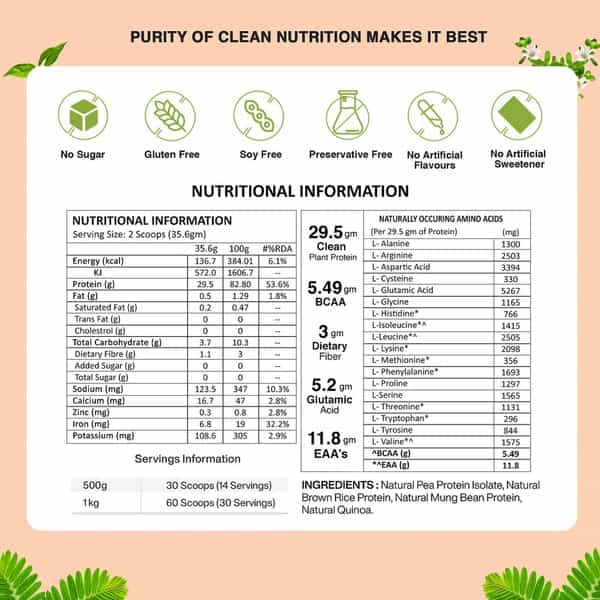 Vegan Greens Everyday All Natural Plant Protein. Clean Protein For Everyday Fitness 500G, Unflavored