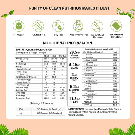 Vegan Greens Everyday All Natural Plant Protein. Clean Protein For Everyday Fitness 500G, Unflavored
