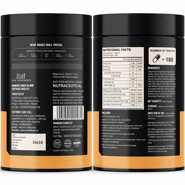 Myfitfuel Zma+ (Zinc | Magnesium | Vitamin B6 | Vitamin C & Piperine 95%) | 180 Tablets