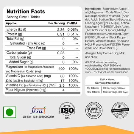 Myfitfuel Zma+ (Zinc | Magnesium | Vitamin B6 | Vitamin C & Piperine 95%) | 180 Tablets