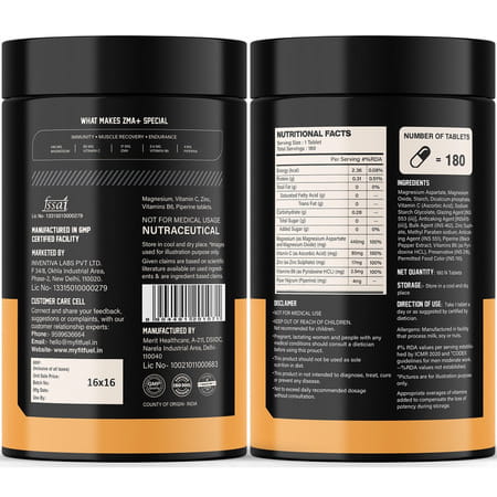 Myfitfuel Zma+ (Zinc | Magnesium | Vitamin B6 | Vitamin C & Piperine 95%) | 180 Tablets