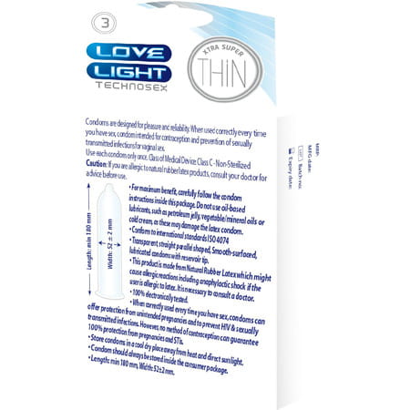 Love Light Xtra Super Thin - Natural Rubber Latex | Extra Lubricated | Reservoir Tip | 0.043um - 3n