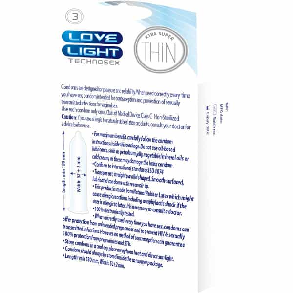 Love Light Xtra Super Thin - Natural Rubber Latex | Extra Lubricated | Reservoir Tip | 0.043Um - 3N