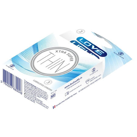 Love Light Xtra Super Thin - Natural Rubber Latex | Extra Lubricated | Reservoir Tip | 0.043um - 3n