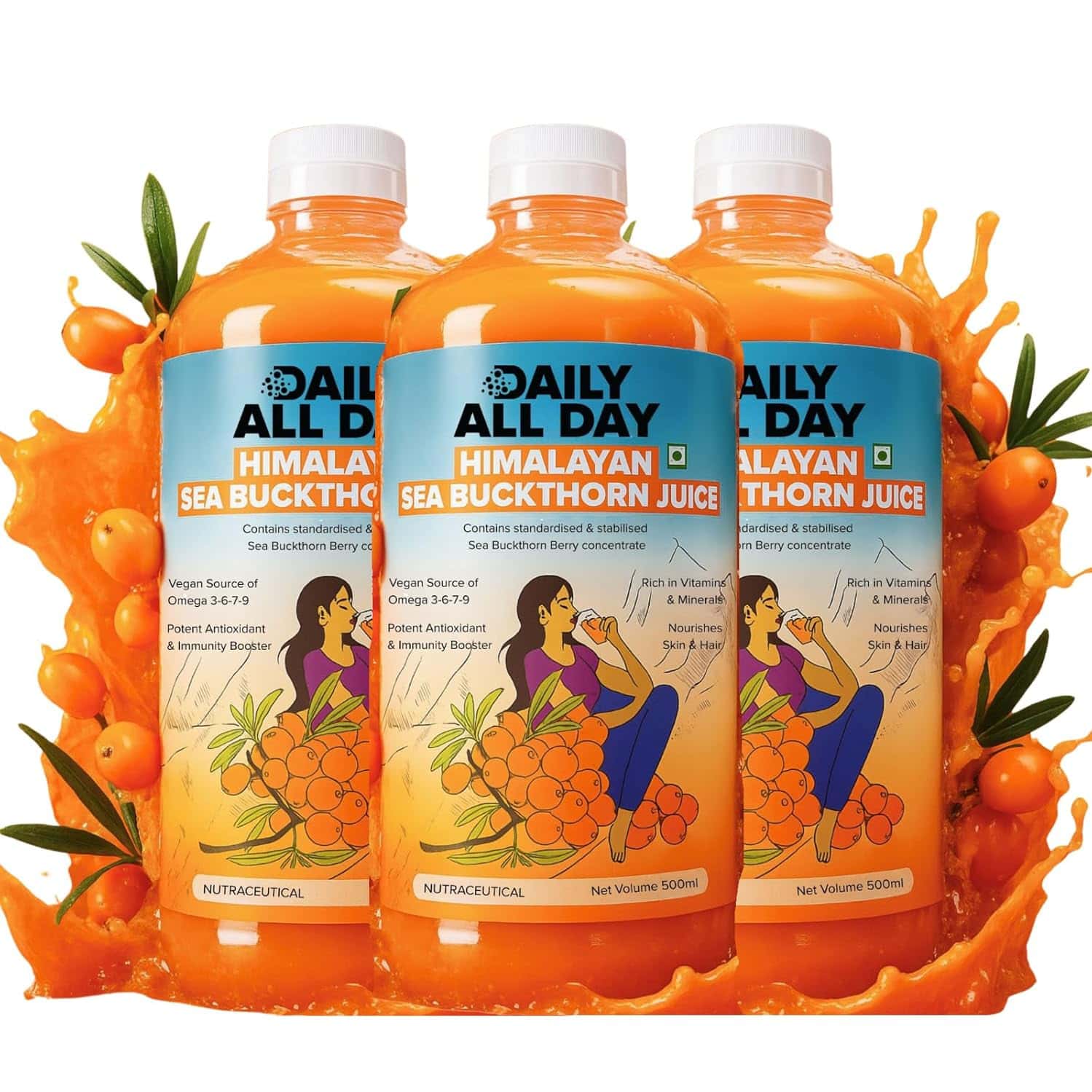 Daily All Day Himalayan Sea Buckthorn Berry Pulp Concentrated Juice 500 Ml X 3