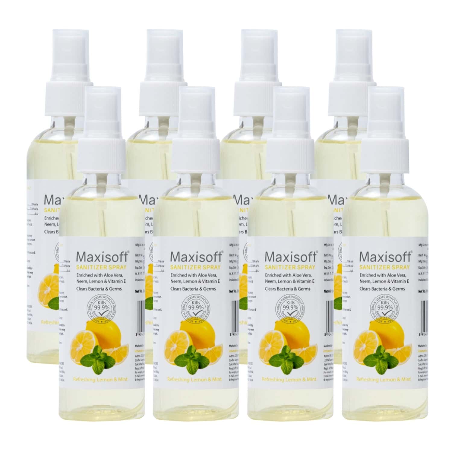 Maxisoft Refreshing Lemon & Mint Sanitizer Spray | Aloe Vera Neem & Vitamin E (120 Ml Pack Of 8)