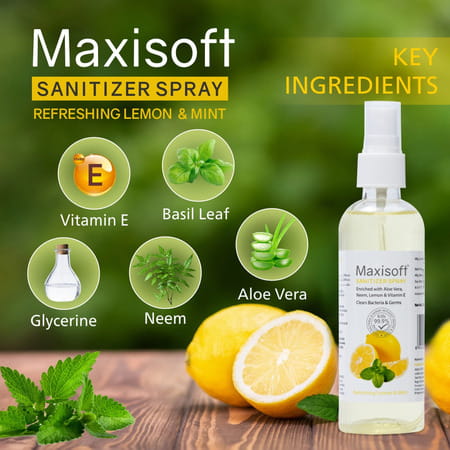 Maxisoft Refreshing Lemon & Mint Sanitizer Spray | Aloe Vera Neem & Vitamin E (120 Ml Pack Of 8)