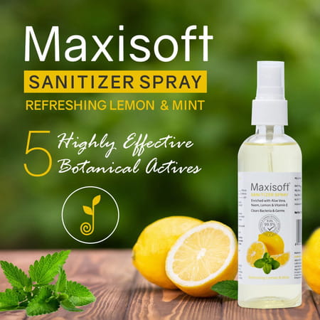 Maxisoft Refreshing Lemon & Mint Sanitizer Spray | Aloe Vera Neem & Vitamin E (120 Ml Pack Of 8)
