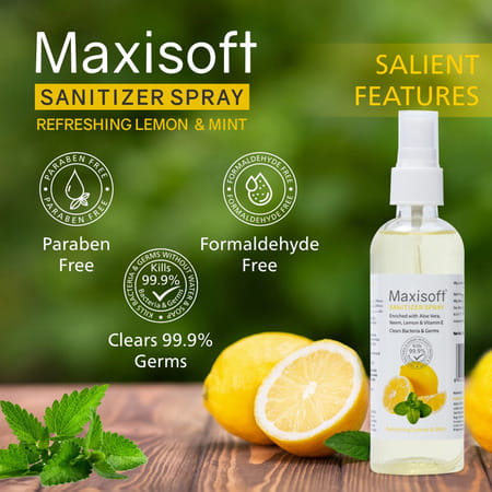 Maxisoft Refreshing Lemon & Mint Sanitizer Spray | Aloe Vera Neem & Vitamin E (120 Ml Pack Of 8)