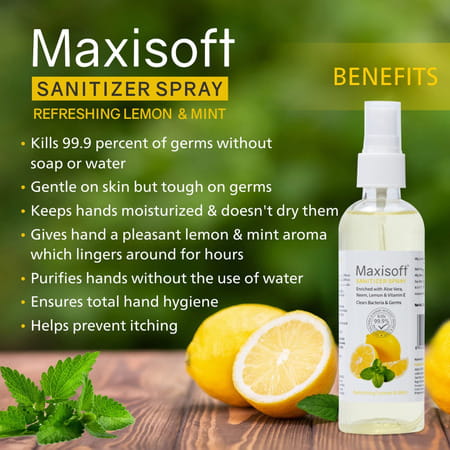 Maxisoft Refreshing Lemon & Mint Sanitizer Spray | Aloe Vera Neem & Vitamin E (120 Ml Pack Of 8)
