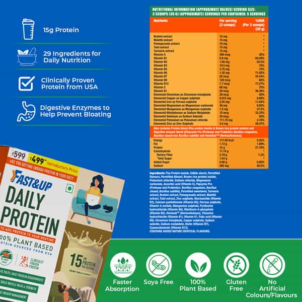 Fast&Up Daily Protein |15G Plant Protein | Fulfils Daily Protein Requirement - Creamy Vanilla