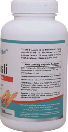 Way2herbal Safed Musli Capsules For Strength & Stamina 250mg - 120 Count - (Pack Of 2)