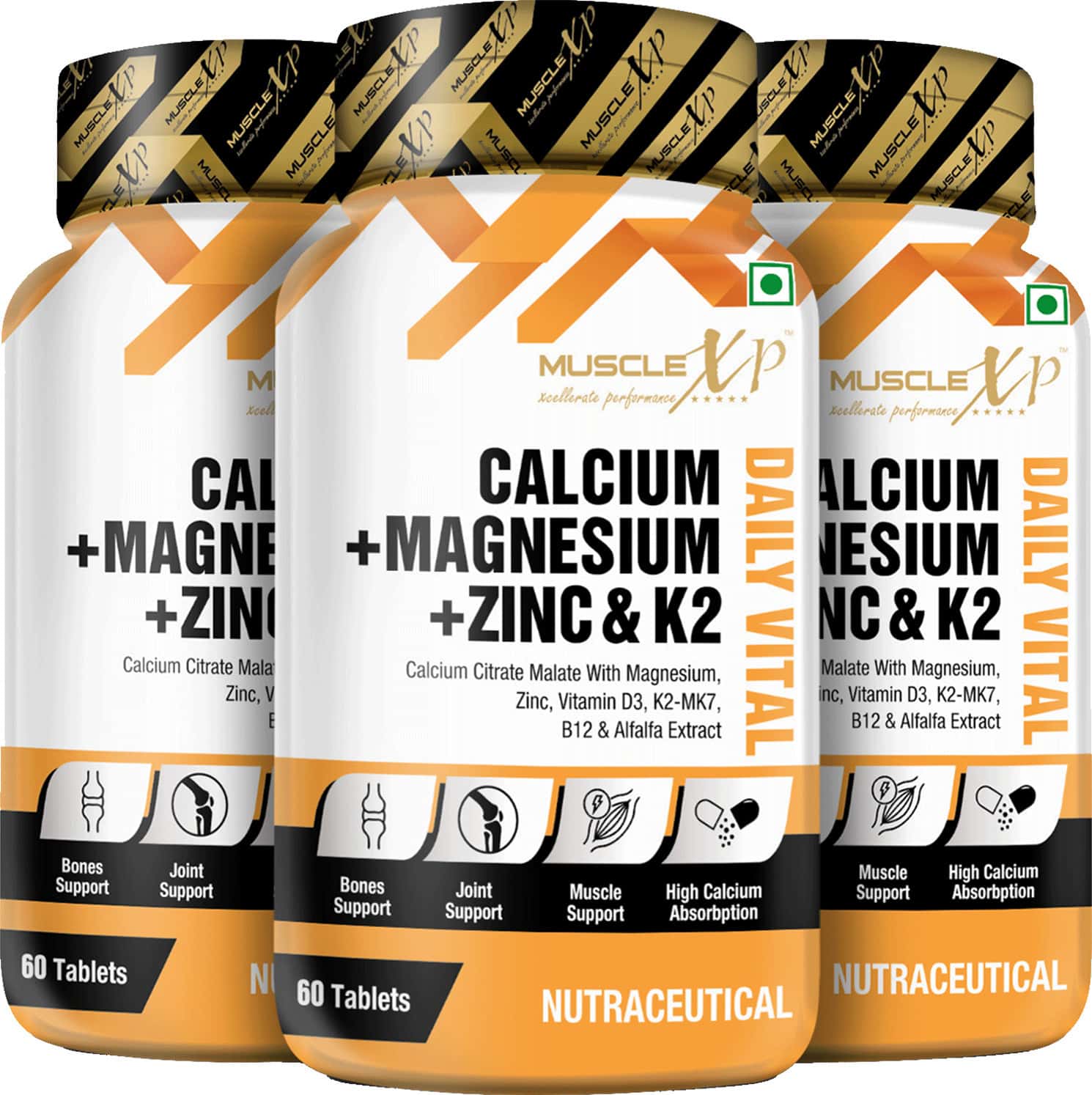 Musclexp Calcium + Magnesium + Zinc & K2-Mk7 Daily Vital 60 Tablets (Pack Of 3)