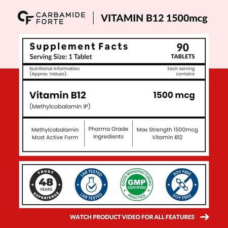 Carbamide Forte Methylcobalamin Vitamin B12 Supplement 1500mcg - 90 Veg Tablets