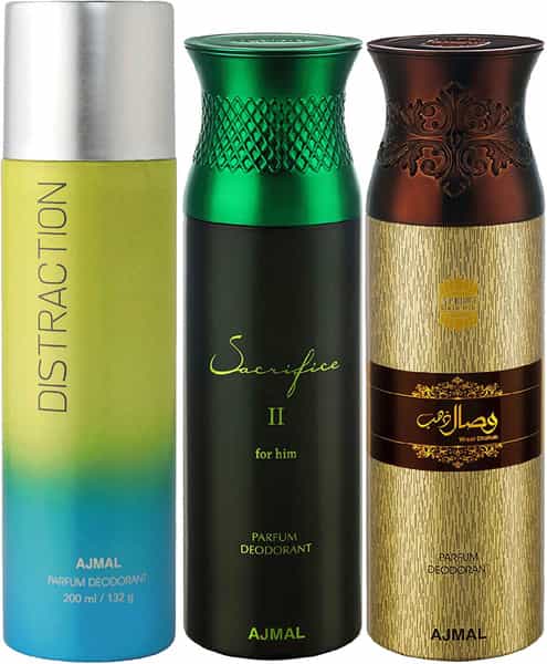 Ajmal 1 Distraction Unisex 1 Sacrifice Ii Men & 1 Wisal Dhahab Men Deo Each 200Ml Combo Pack 3
