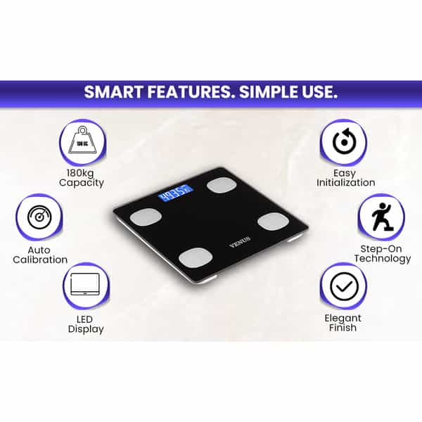 Venus (India) Electronic Digital Personal Bathroom Weight Machine | Upto 180Kg | Eps-6399-New-Black