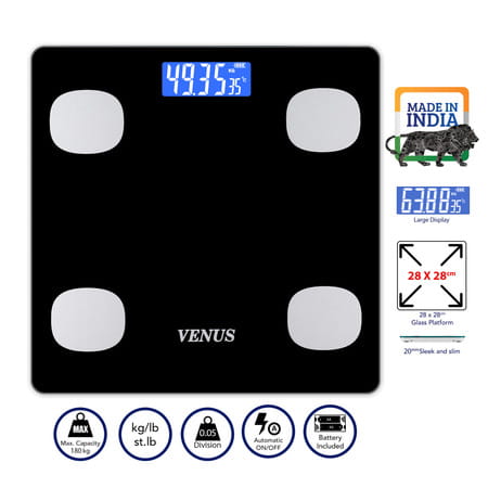 Venus (India) Electronic Digital Personal Bathroom Weight Machine | Upto 180kg | Eps-6399-New-Black