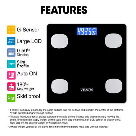 Venus (India) Electronic Digital Personal Bathroom Weight Machine | Upto 180kg | Eps-6399-New-Black