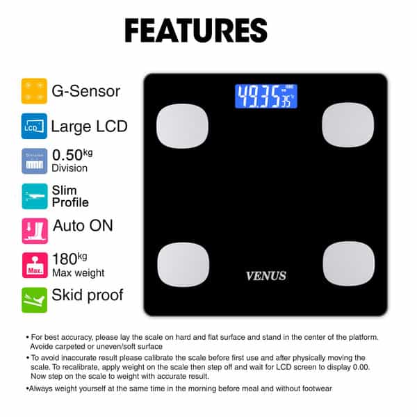 Venus (India) Electronic Digital Personal Bathroom Weight Machine | Upto 180Kg | Eps-6399-New-Black