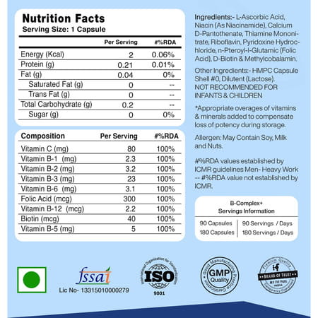 Myfitfuel B Complex + Vitamin C (180 Capsules) 100% Rda. Hair Growth, Energy, Immunity Youthful Skin