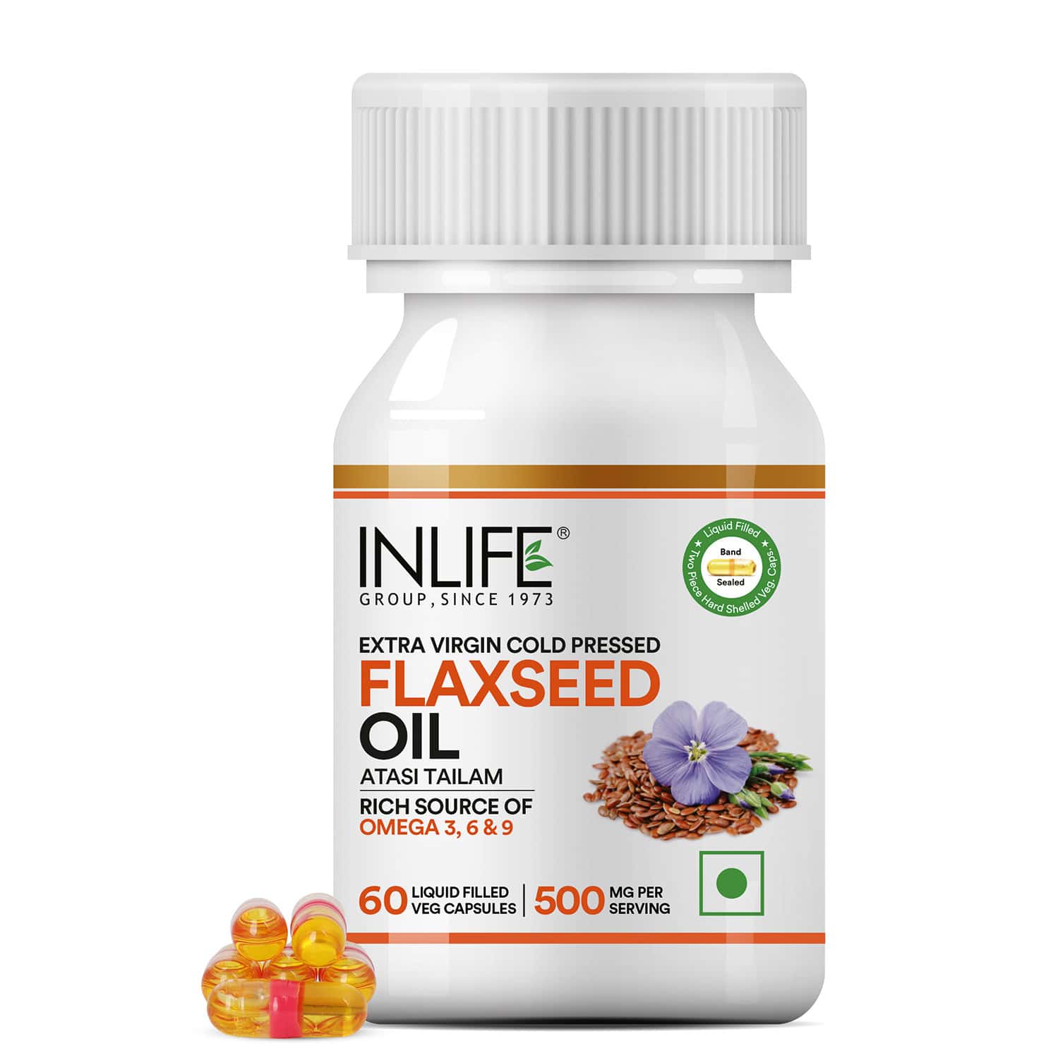 Inlife Flaxseed Oil Omega 3 6 9 Supplement Extra Virgin Cold Pressed 500 Mg - 60 Veg Capsules